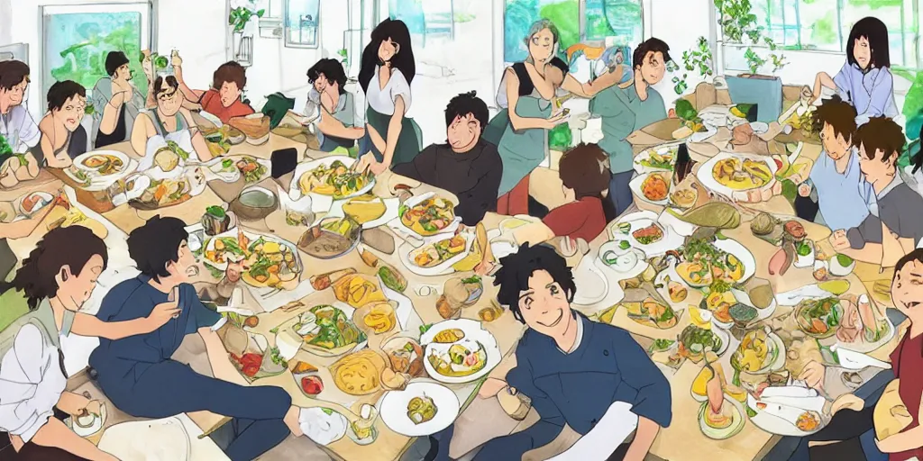 Image similar to drawing of work colleagues of a design studio get together to feast on a big table with lots of food in the style of studio ghibli