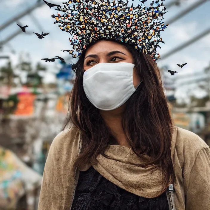 Prompt: a closeup portrait of a woman wearing a mask made of birds, in an abandoned theme park, by omar z. robles, canon eos c 3 0 0, ƒ 1. 8, 3 5 mm, 8 k, medium - format print