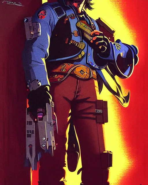 Image similar to mccree from overwatch, cyber space cowboy, character portrait, portrait, close up, concept art, intricate details, highly detailed, vintage sci - fi poster, retro future, vintage sci - fi art, in the style of chris foss, rodger dean, moebius, michael whelan, and gustave dore