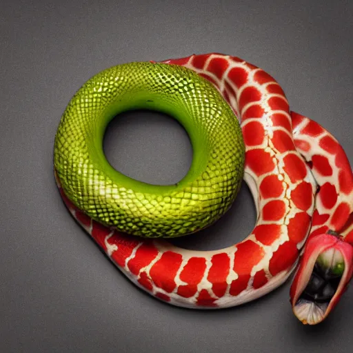 Image similar to award winning studio photography of a snake with weird fruit, studio lighting, solid background