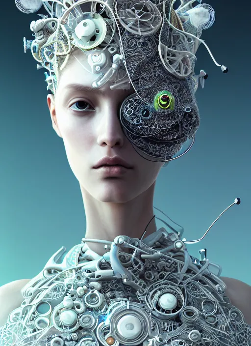 Image similar to portrait of an absurdly beautiful, graceful, sophisticated, fashionable cyberpunk mechanoid, hyperdetailed illustration by irakli nadar and vania zouravliov, matt wisniewski style, intricate linework, white porcelain skin, faberge, coral reef headdress, unreal engine 5 highly rendered, global illumination, radiant light, detailed and intricate environment