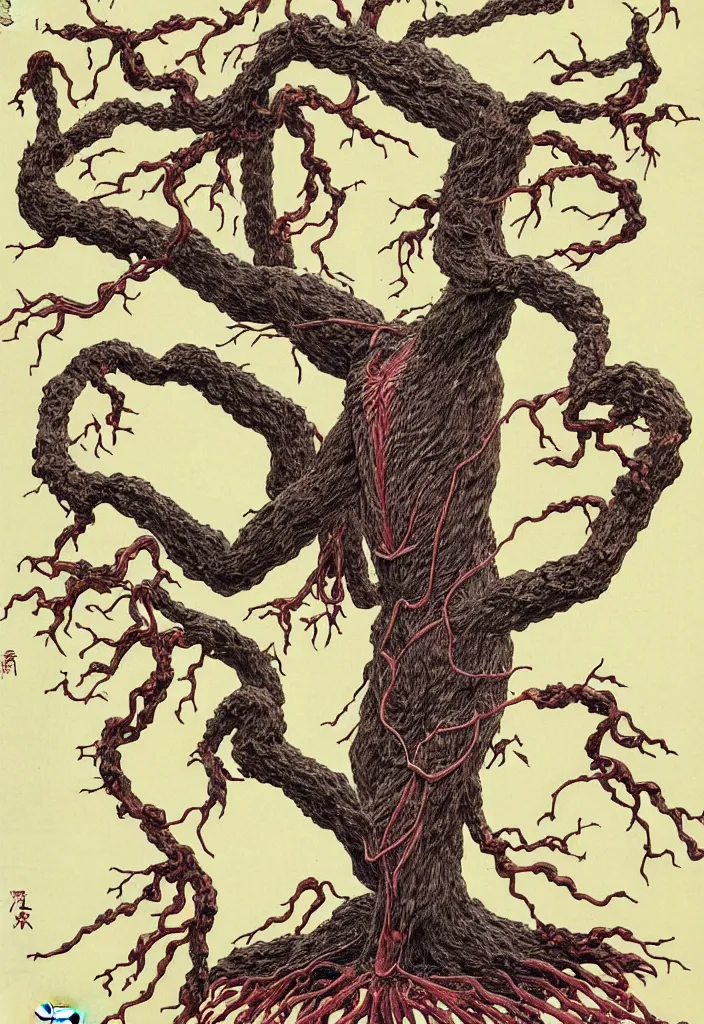 Image similar to prompt: anatomy dissection drawing veins and organs human shaped tree character drawn by Takato Yamamoto, bonsai anatomy atlas, veins and organs attached to tree roots, alchemical objects inspired by 1980's sci-ci, old experimentation cabinet, intricate oil painting detail, manga 1980