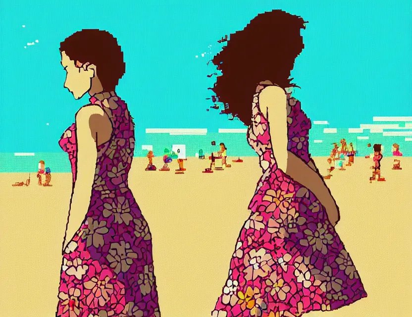 Prompt: girl wearing a floral dress at the beach. pixel art, limited palette, by award - winning mangaka, backlighting.