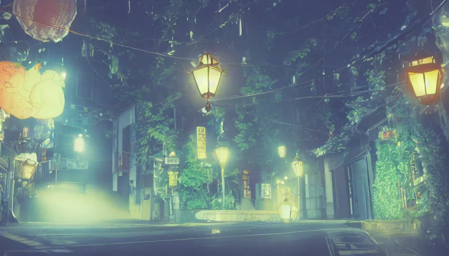 Image similar to A film still from a 1990s Sailor Moon cartoon featuring a moody street in Japan with a waterfall and lanterns, lofi aesthetic, golden hour, cinematic look, film grain, high detail, high resolution, 8k