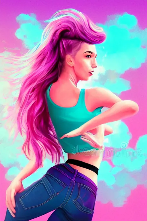 Image similar to a award winning half body porttrait of a beautiful woman in a croptop with ombre purple pink teal hairstyle with head in motion and hair flying, outrun, vaporware, shaded illustration, digital art, trending on artstation, highly detailed, fine detail, intricate