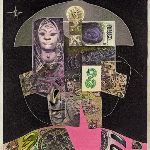 Image similar to post - punk new age album cover, asymmetrical design, frame of a dollar bank notes, abstract collage, capitalism, magic, apocalypse, psychedelic, black white pink, magic, giger h. r., giuseppe arcimboldo