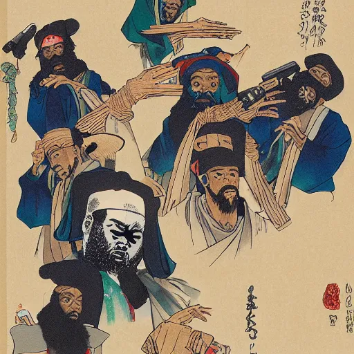 Image similar to Masta Killa from Wu-tang Clan rapping, portrait, style of ancient text, hokusai