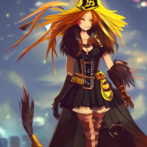 Prompt: advanced digital anime character art, female pirate captain with a yellow and a red eye , res brown hair wearing a corset and large pirate hat with feathers, RossDraws, WLOP, Sakimichan. —H 768