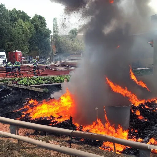 Prompt: The gardening center section of a Lowe's Warehouse, on fire