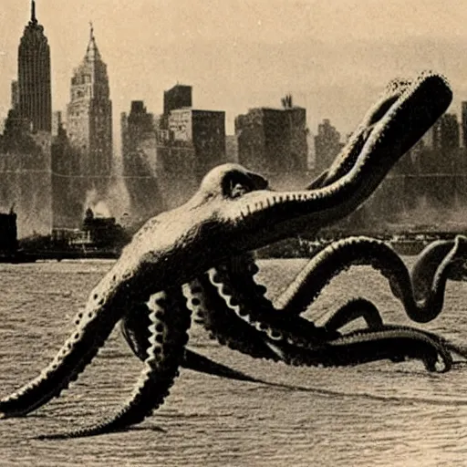 Image similar to old black and white photo, 1 9 1 3, depicting dieselpunk giant octopus attacking new york, historical record, tentacles around