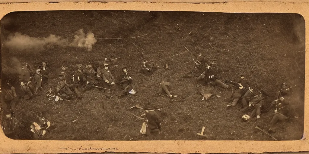 Image similar to american civil war tench battle, long trenches in the ground, musket shots fired, puffs of smoke, aerial view, tintype photograph
