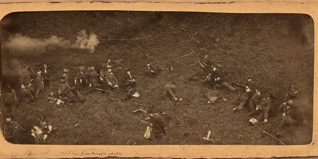 Prompt: american civil war tench battle, long trenches in the ground, musket shots fired, puffs of smoke, aerial view, tintype photograph