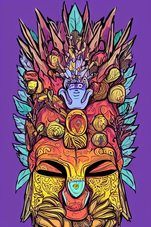 Image similar to animal mask totem roots flower tribal feather gemstone plant wood rock shaman vodoo video game vector cutout illustration vivid multicolor borderlands comics by josan gonzales and dan mumford radiating a glowing aura