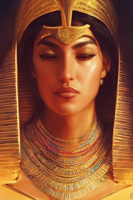 Image similar to Donia Samir Ghanem as egyptian princess, gorgeous, portrait, powerful, intricate, beautiful, masterpiece, elegant, volumetric lighting, digital painting, highly detailed, artstation, sharp focus, illustration, Hajime sorayama, ruan jia