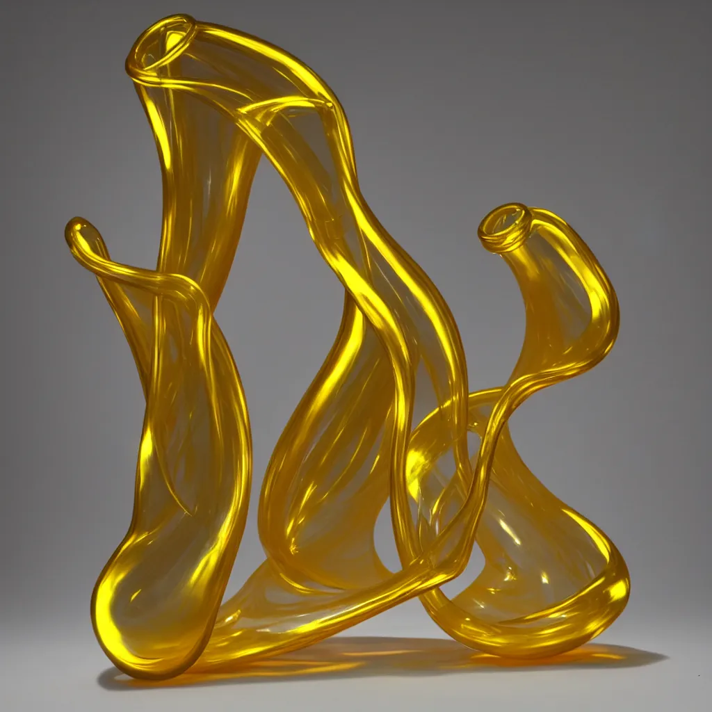 Prompt: unfinished klein bottle sculptural, chroma spectrum, golden colors, glassy, reflective and refractive