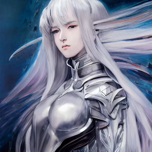 Image similar to Soft oil portrait with broad brush strokes of an anime girl with a long white hair wearing Elden Ring armour with engraving in the style of Yoji Shinkawa, expressive brush strokes, hairs fluttering on the wing, noisy film grain effect, highly detailed, Renaissance oil painting, weird portrait angle, blurred lost edges, three quarter view