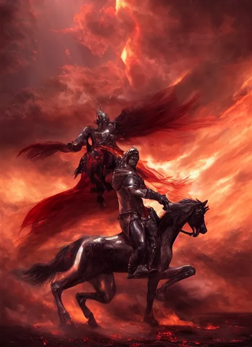Image similar to the first singular horseman of the apocalypse riding a strong big red stallion, horse is running, the rider carries a large sword, flames from the ground, artwork by artgerm and rutkowski, breathtaking, dramatic, full view