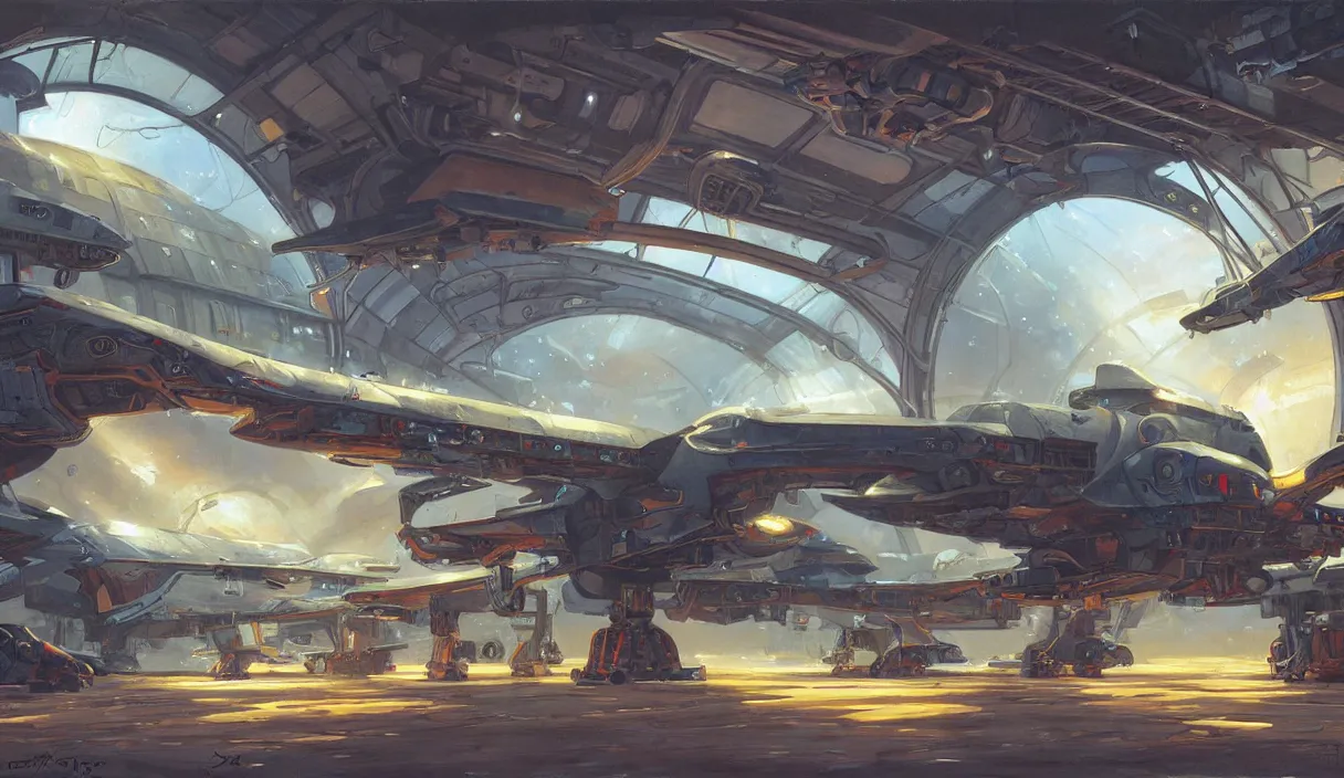 Image similar to a painting of a sci fi hangar, by jesper ejsing