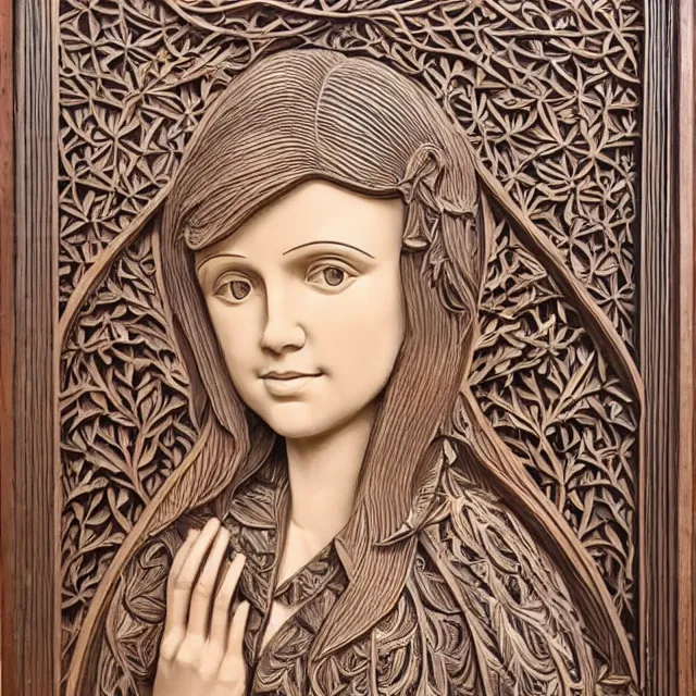 Image similar to a 3 d bas - relief wooden art nouveau carved sculpture of a young millie bobby brown or alicia vikander with long hair blowing in the wind, in front of a delicate tracery pattern, intricate and highly detailed, well - lit, ornate, realistic