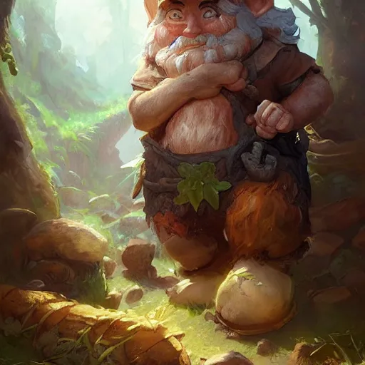 Prompt: a gnome druid, Justin Gerard and Greg Rutkowski, realistic painting, Digital art, very detailed, High definition, trending on Artstation