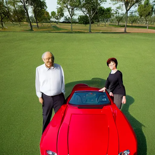 Image similar to 0 8 s photo of elder couple, pose like the new sweet lover in the paddle field with red super car, photo realistic, high - detail,