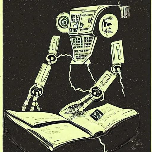 Prompt: a fullmetal wired robot is reading the intimate diary of sophia aeon, by dave mckean