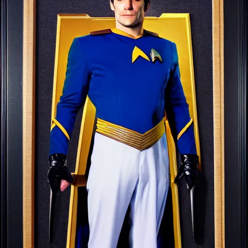 Image similar to a full body photograph of henry cavill as a star fleet captain from star trek next generation, full dress uniform, symmetrical face, extreme realism and detail, 8 k, completely framed, direct lighting, 3 5 mm photo, photorealistic, sharp focus
