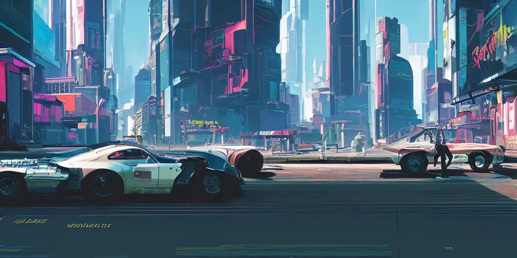 Prompt: art style by Ben Aronson and Edward Hopper and Syd Mead, wide shot view of the Cyberpunk 2077, on ground level.