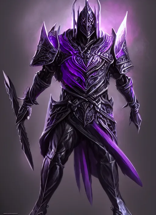 Image similar to Half-body of a muscular elven knight in black and purple armour with black. Swords are levitating beside him. In style of Hyung-tae Kim and Greg Rutkowski, concept art, trending on ArtStation, Korean MMORPG, over-detailed art, 8K, epic, dynamic lightning, dramatic pose.