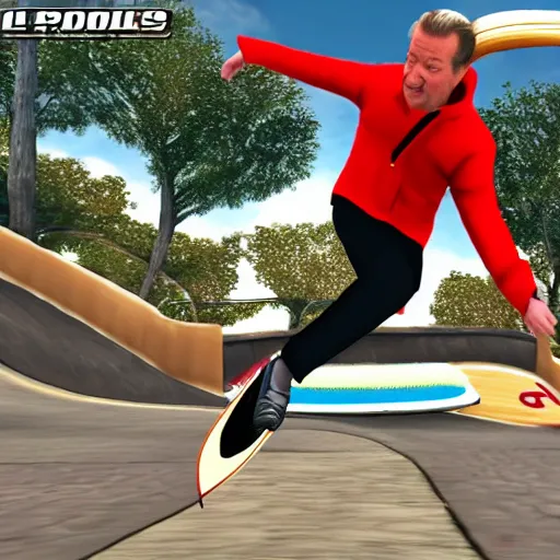 Image similar to michael portillo kick flips a skateboard, playstation 2 video game screenshot