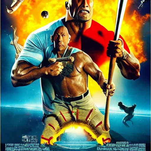 Image similar to movie poster of dwayne johnson with a baseball bat fighting king ghidorah outside a space station