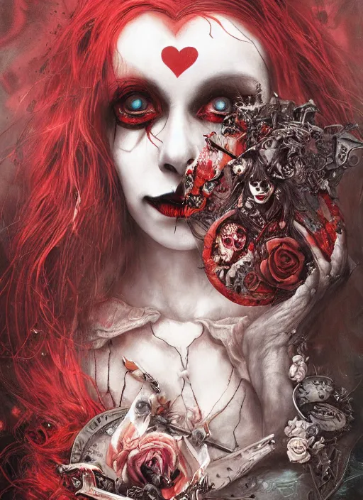 Image similar to Queen of Hearts, Alice in Wonderland, Death Tarot card,highly detailed,half skull face,cinematic,8k,by Stanley Artgermm,Tom Bagshaw,Greg Rutkowski,Carne Griffiths, Ayami Kojima, Beksinski, Giger,trending on DeviantArt,hyper detailed,horror, full of colour