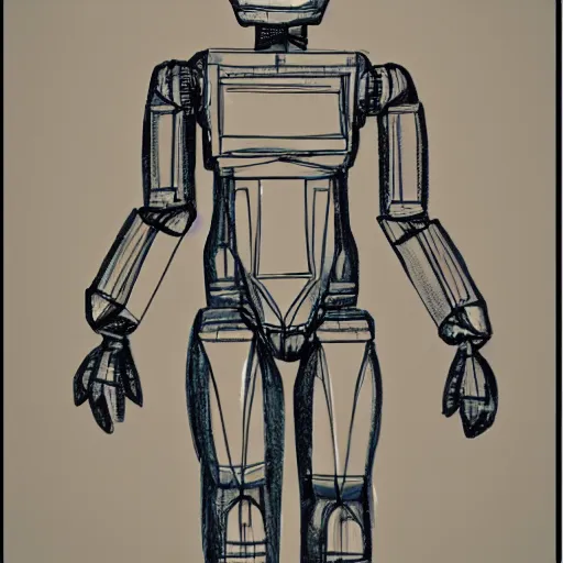 Image similar to technical drawing of ancient womanized humanoid robot, old paper, photorealistic