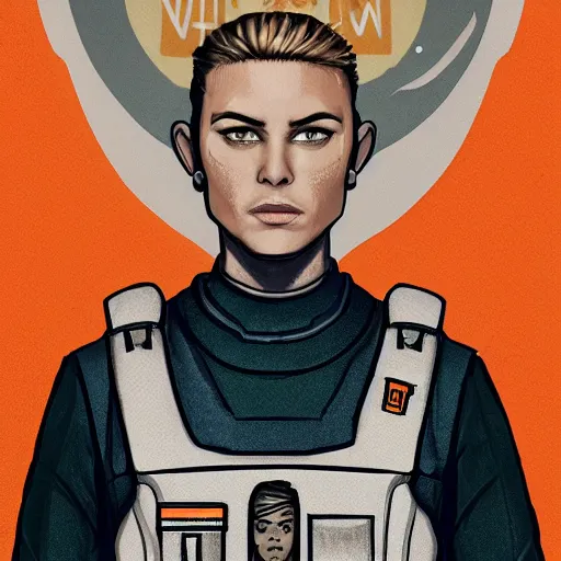 Prompt: character concept art of heroic stoic emotionless butch blond handsome woman space explorer with detailed tribal chin tattoos, dirty and injured, very short slicked - back butch hair, no - makeup, narrow eyes, wearing atompunk jumpsuit, orange safety vest, retrofuture, highly detailed, science fiction, illustration, oil painting, realistic, lifelike, pulp sci fi, cinematic