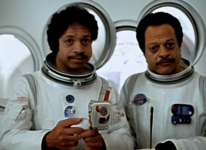 Prompt: film still of young old Cheech Marin with HAL as Dr. Dave Bowman in 2001 A Space Odyssey