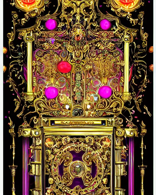 Image similar to baroque rococo-style bedazzled gothic royalty frames surrounding an slots pinball machine of pixelsort energy drink made out of glowing ooze, radioactive candy worms, and fairy magick.