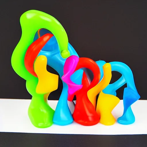 Prompt: abstract plastic toy figurine in packet with label, curved and blobby, bright colors, some translucent