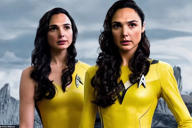 Image similar to Gal Gadot, wearing a yellow uniform, is the captain of the starship Enterprise in the new Star Trek movie