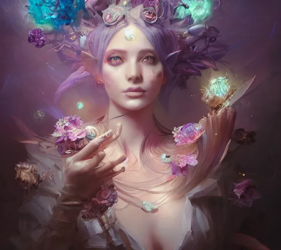 Image similar to beautiful girl necromancer covered with crystals exploding space, 3 d render, hyper realistic detailed portrait, holding magic flowers, ruan jia, wlop. scifi, fantasy, hyper detailed, octane render, concept art, peter mohrbacher