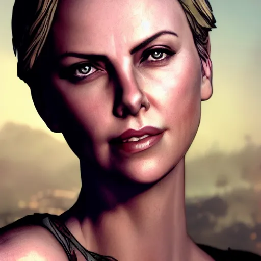 Image similar to charlize theron portrait, borderlands, tales from the borderlands, the wolf among us, comic, cinematic lighting, studio quality, 8 k