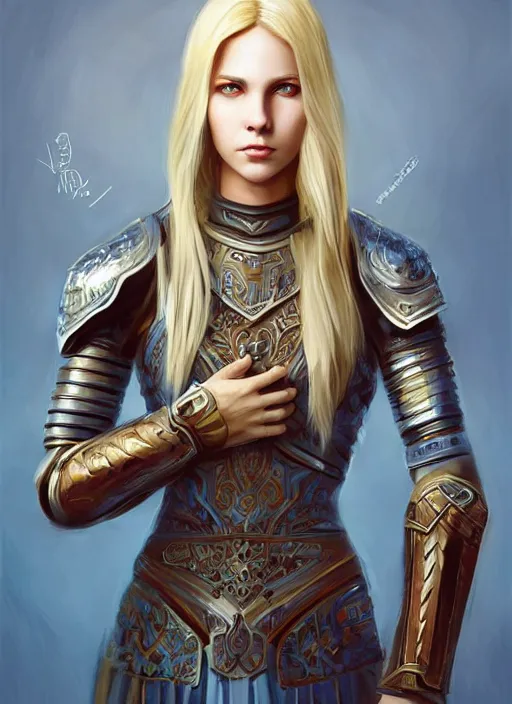Prompt: full - body portrait of slavic young woman warrior, front, symmetrical, extremely detailed face, beautiful face, blonde hair, blue eyes, leather armor!, digital painting, true anatomy, by valerian city of a thousand planets, by ruan jin #, by mandy jurgens #, by artgerm #, william - adolphe bouguerea #