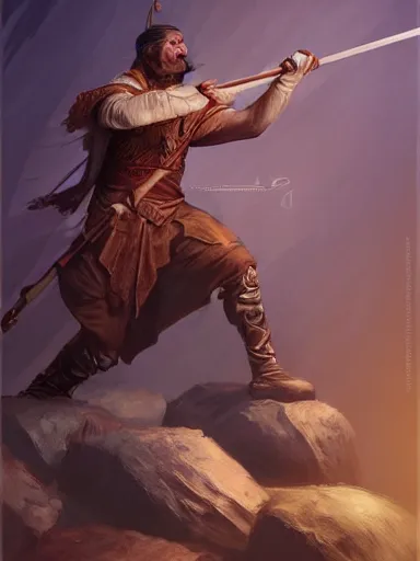 Image similar to a master a wooden quarterstaff in a desperate posture ready to fight. cornered by enemies. intricate, elegant, highly detailed, digital painting, artstation, concept art, sharp focus, illustration, by justin gerard and artgerm, 8 k