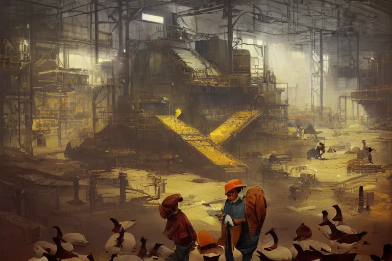 Image similar to A mixed media painting of a duck worker in front of a production line with little humans on it, by Frank Frazetta, Greg Rutkowski, Beeple, post-processing, low angle, masterpiece, cinematic, isometric, volumetric lighting