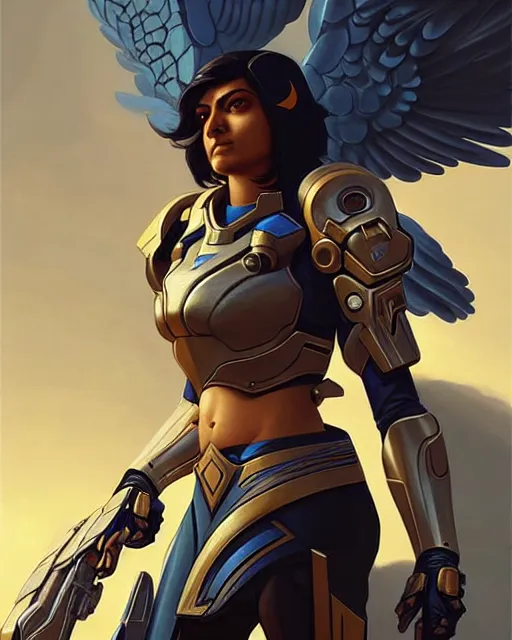 Image similar to pharah from overwatch, character portrait, concept art, intricate details, highly detailed by greg rutkowski, michael whelan and gustave dore