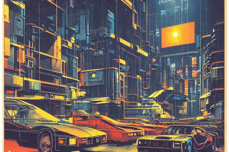 Image similar to 1979 Popular science Magazine Cover of a warehouse in neo-Tokyo in cyberpunk style by Vincent Di Fate