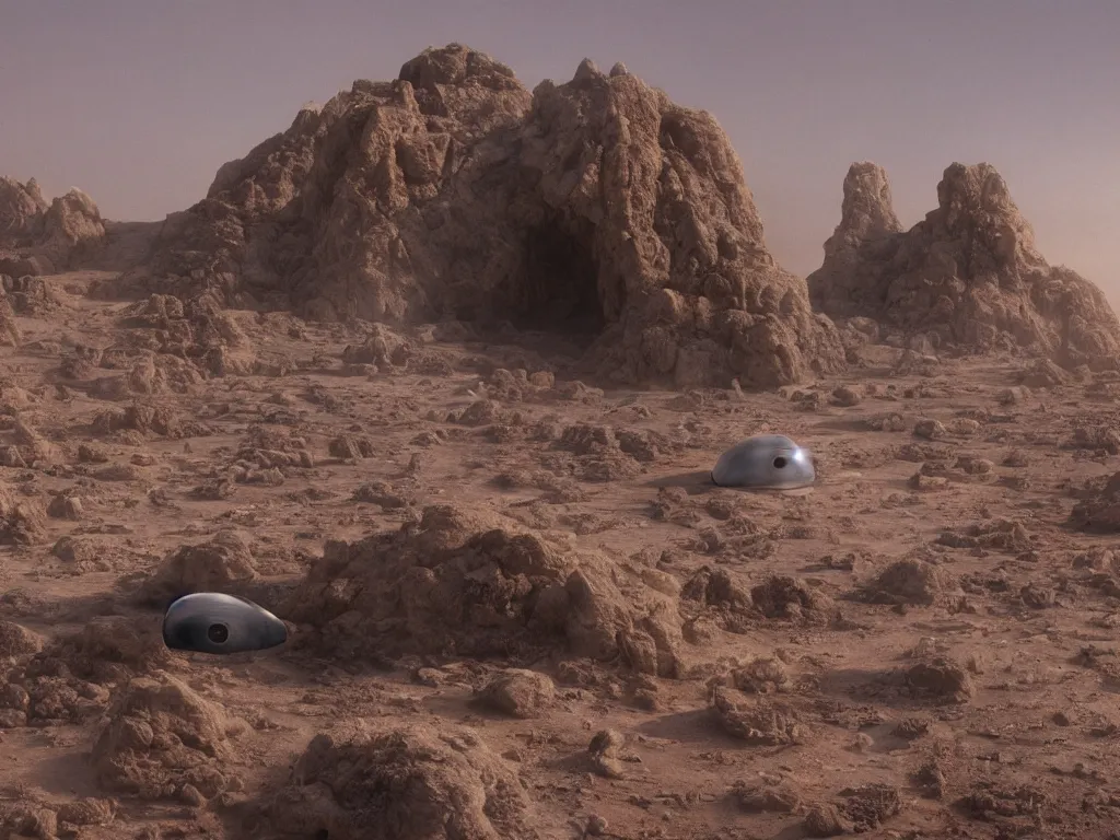 Prompt: glowing veiled grey ghost in full - face golden mask in a dry rocky desert landscape with abandoned city beneath the sand and giant alien spaceship in the sky attacks the earth by christopher doyle and alejandro jodorowsky, anamorphic lens, kodakchrome, cinematic composition, very detailed photo, 8 k,