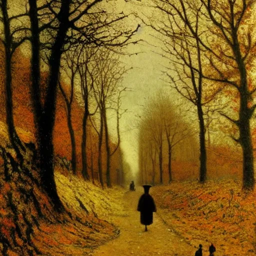 Prompt: the slenderman walking down a laneway in autumn, john atkinson grimshaw