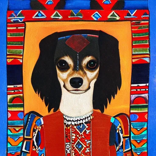 Image similar to portrait of a chihuahua as aztec emperor, aztec painting 1 3 0 0