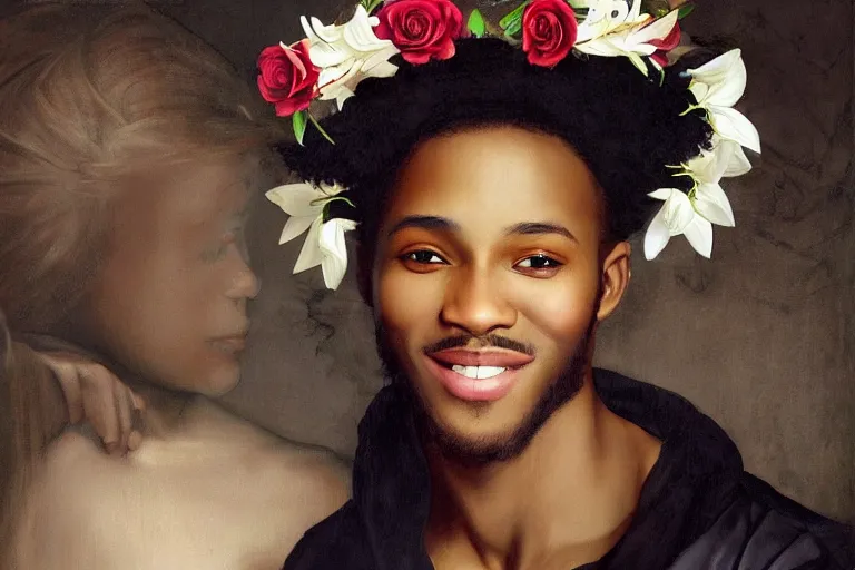 Prompt: young black male smiling with a crown of lilies and roses, digital renaissance painting by artgerm by caravaggio and face by wlop