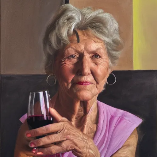 Image similar to a older woman at a party sitting on a wine bottle, hyper-realism, realism, 4k,